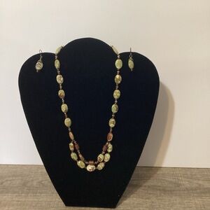 Vintage Beaded Necklace and Earrings - Green and Brown Tones